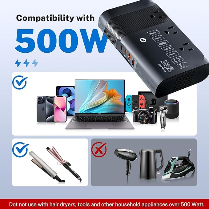 DOACE 500W Travel Voltage Converter, 220V to 110V Pure Sine Wave Step-Down Transformer for International Travel, Europe UK AU, Safe for Hair Straighteners, Cameras & Devices