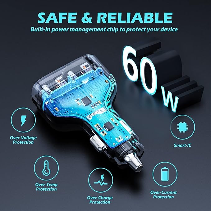 SUNDA 60W USB C Fast Car Charger | 4-Ports Car Charger Adapter | Dual Type C PD30W/PPS30W Compatible with iPhone17/16 Pro/Max/iPhone15/Galaxy/SamsungS25 | Dual USB-A 18W QC3.0 for Android(Black)