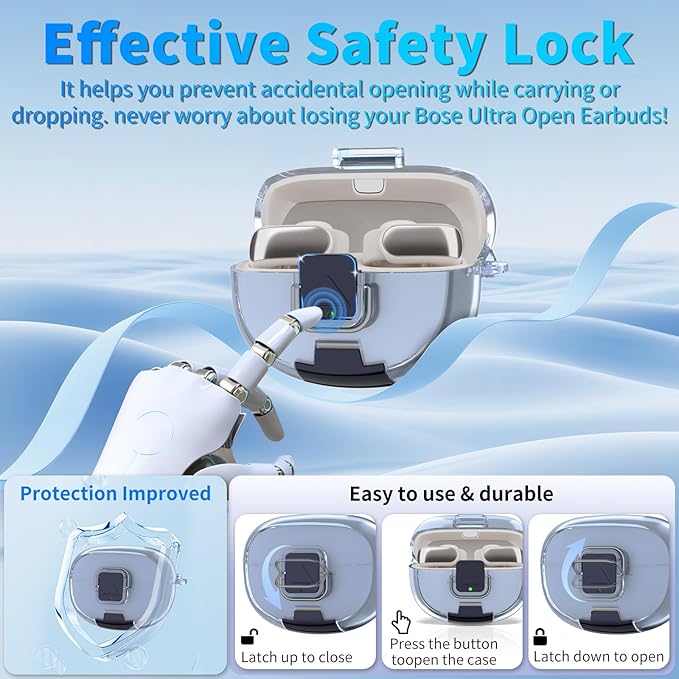 for Bose Ultra Open Earbuds Case with Secure Lock & Phone Stand, Soft TPU Shockproof Protective Clear Case for Bose Open Ear Earbuds Accessories with Cleaning Pen & Keychain (Light Blue)