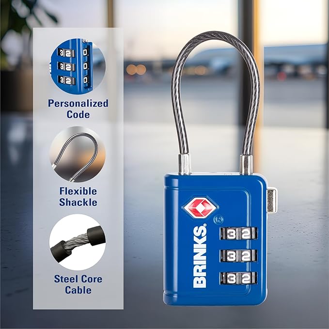 Brinks TSA Accepted Indicator Luggage Lock, Blue - Resettable 3-Dial Combination, 1.5 inch Long Cable Shackle, New More Secure TSA008 Key, 4 Pack
