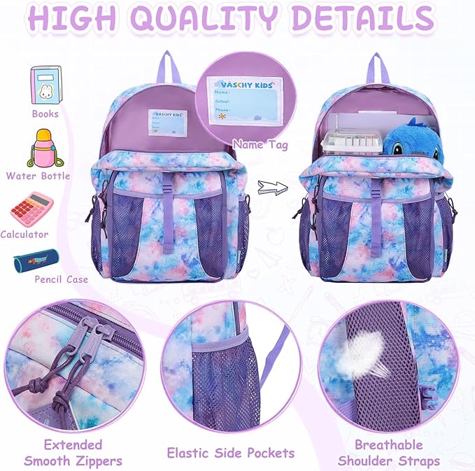 VASCHY Kids Backpack Lunch Bag Set, Girls 2-1 School Bookbag Insulated Lunch Box for Toddlers,Preschool,Daycare,Kindergarten,Elementary School Multi-Color