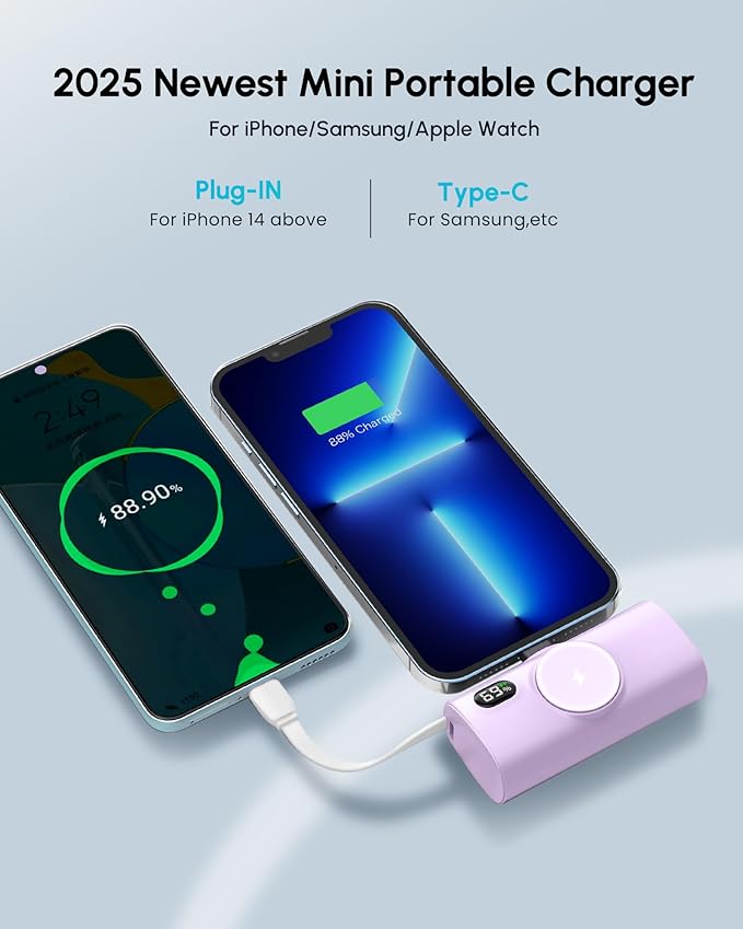 Mini Purple Power Bank Compatible for Lightning Port,100g 5000mah Small Portable Charger for iPhone 14 Plus/14/14 Pro Max,Battery Pack with Digital Display Compatible With iPhone 13/12/14 series