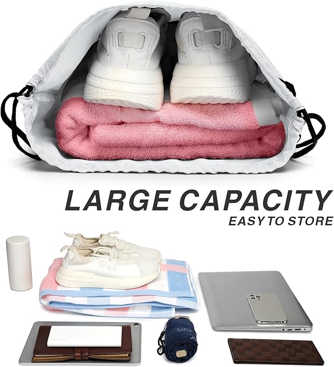 Drawstring Backpack Sports Water Resistant String Bag Sport Gym Sackpack for Women Men Large with Zipper, White