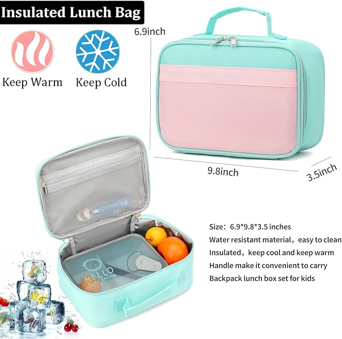 Backpack Set for Girls Boy Kids Backpack with Lunch Box for Elementary Primary Kindergarten School Bag (Pink Green, Large)