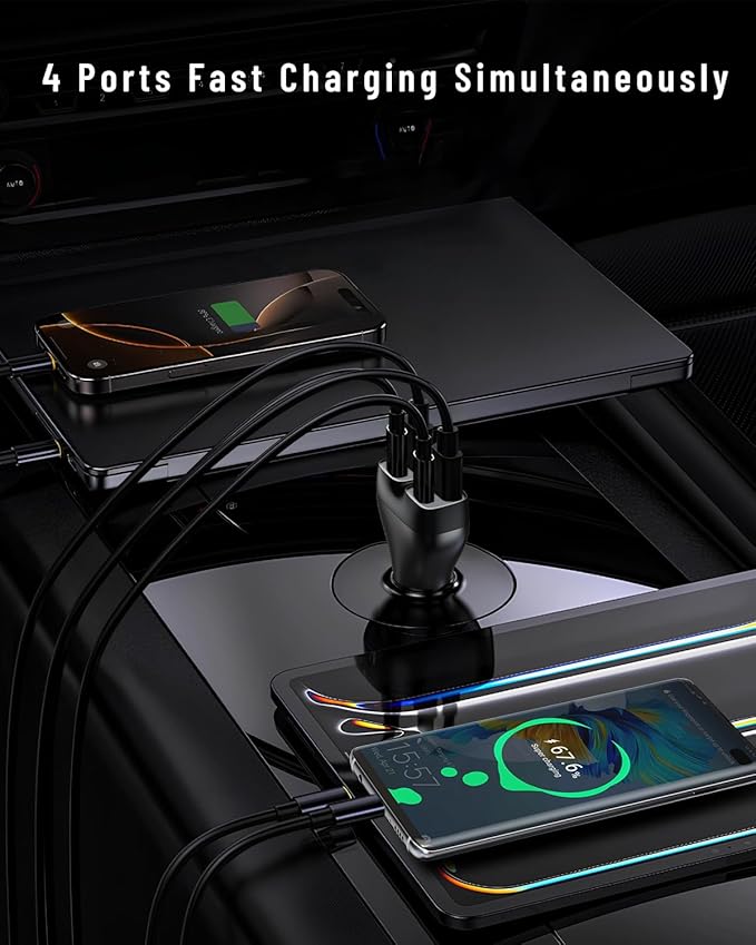 USB C Car Charger, 111W 4 Ports Super Fast Car Charger Adapter, Dual USB-C & USB-A PD30W/QC22.5W Fast Charging Cigarette Lighter for iPhone 17/16/15/14/13, Samsung Galaxy S25 Ultra/S24, Pixel, Android