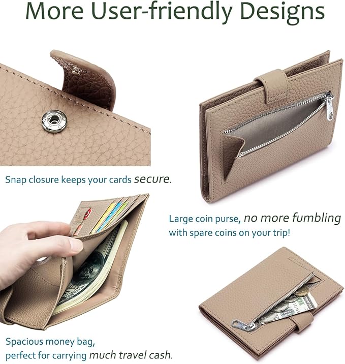 RFID Passport Holder for Women – Slim Leather Travel Wallet with Card Slots, Zipper Coin Pocket & Cash Organizer, Elegant Passport Case Gift for Travel (Apricot Beige)