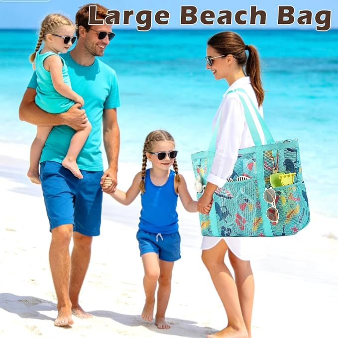 Fammart Mesh Beach Bag with Zipper, Large Beach Tote for Women, Toys Pool Swim Bag Travel Vacation Cruise Essentials