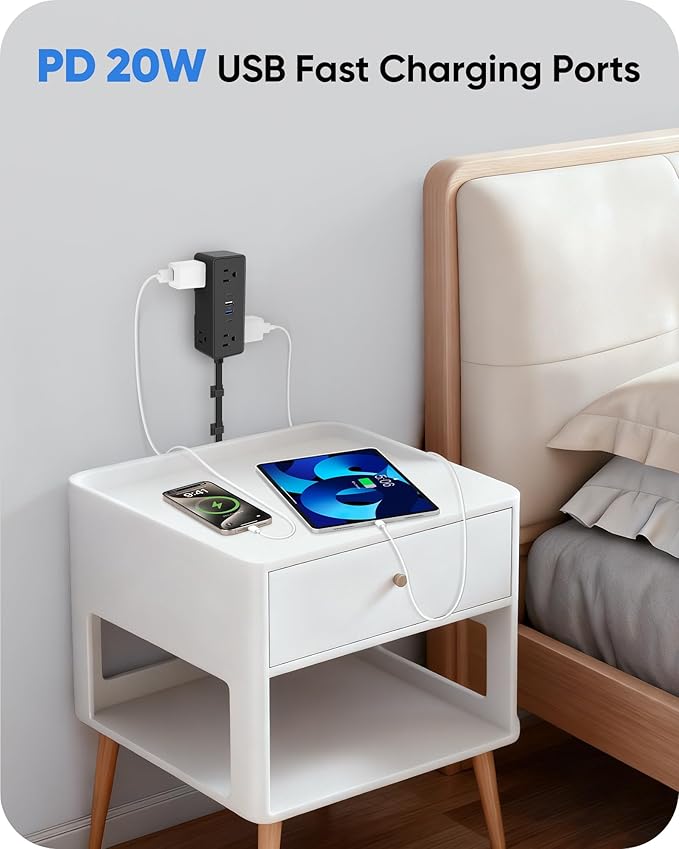 Electrical Outlet Extender Stick, Features 4 USB & 6 Outlets, 19in Flexible Extension Cord Access Hard-to-Reach Outlets, Wall Plug Power Socket Expander Nightstands Sofa Desk