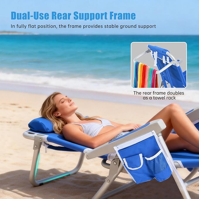 SUNNYFEEL Low Beach Chair 2 Pack, 5-Position Lay Flat Reclining, Backpack Portable Folding Chairs with Cooler Bag & Cup Holder, Heavy Duty 350 LBS, Compact for Beach, Camping, Travel