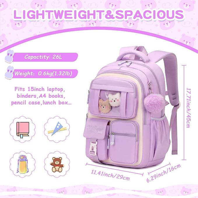 PIG PIG GIRL Kids Backpack for Girls School Bags for Middle School Students Book Bag for Elementary Primary Kawaii Ita Backpack, Purple and Beige