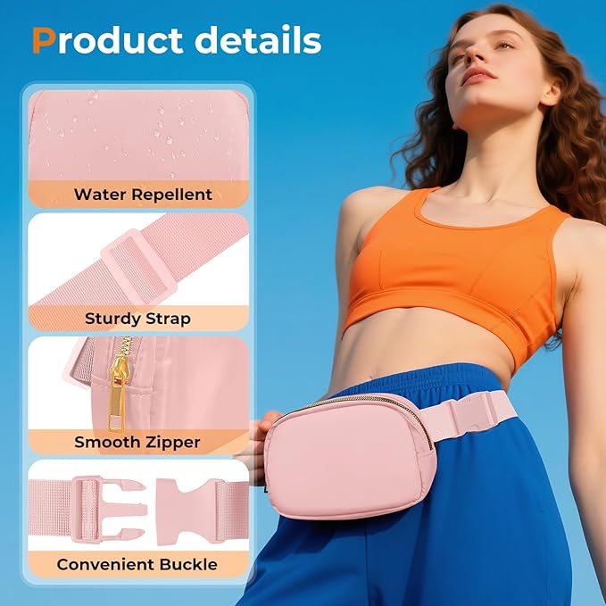 Belt Bag Zipper Fanny Pack Crossbody Bags for Women,Fashion Nylon Waist Packs, Water Repellent Two Way wear with Adjustable Strap Gifts for Teenage Girls Women Men(pink)