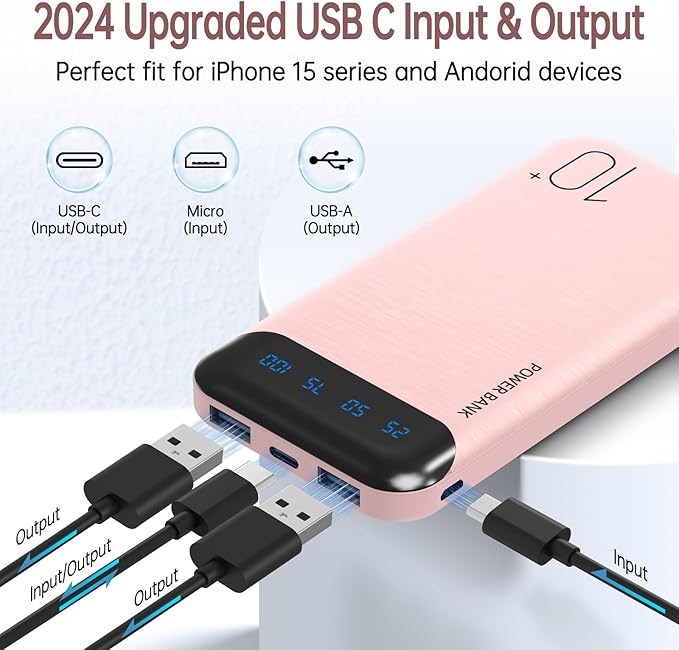 YOBON Power Bank 10000mAh Portable Charger Slim Battery Pack with 2 USB 2.4A Outputs and USB C in/Out Compatible with Huawei iPhone 16 15 14 13 12 iPad Samsung Galaxy S20 Android Tablet (Light Pink)