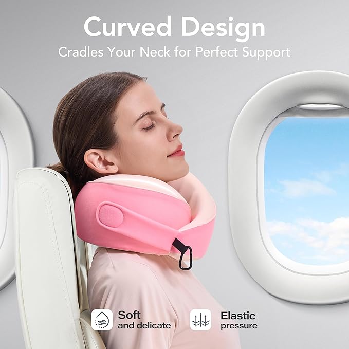 KPNEOL Travel Pillow, 100% Pure Memory Foam Travel Neck Pillow Airplane Neck Support Ergonomic Design for Traveling Suitable for Airplanes,Offices and Cars-Cooling Silk Pink