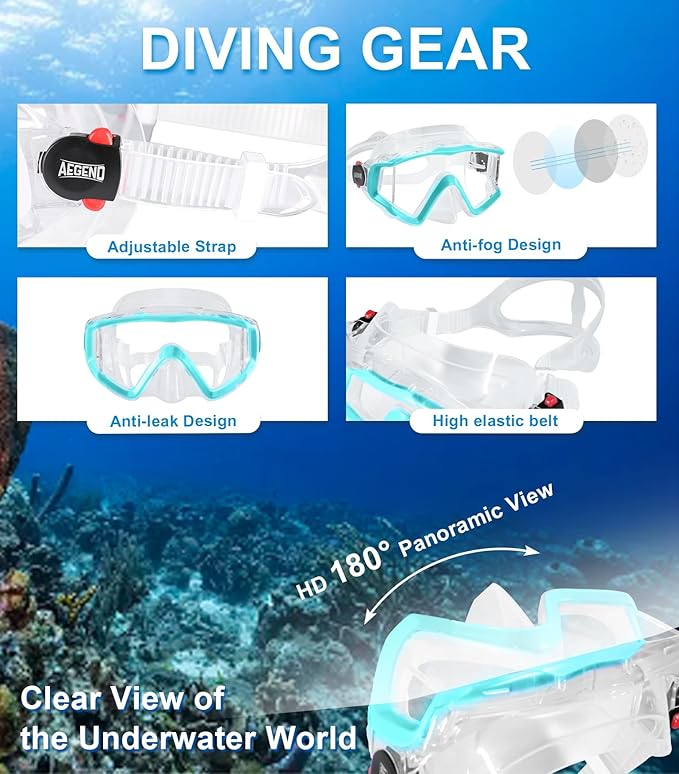 Aegend Snorkeling Gear for Adults Youth Kids, Snorkel Mask with Top Dry Valve - Panoramic View Anti-Leak and Anti-Fog with Mesh Bag for Snorkeling, Scuba Diving, Freediving & Swimming