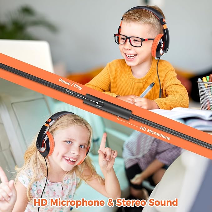 rockpapa Comfort+ Kids Headphones with Microphone, Boys Girls Student Over-Ear Headphones Wired Foldable for School Classroom Laptop PC Computer Tablet Black Orange