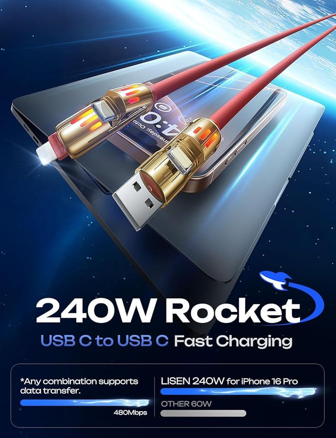 LISEN 240W Chubby Cable for iPhone 14 Pro Max Charger Cord 6.6FT, 4 in 1 USB A/C to C/L Multi Charging Cable with Light for iPhone 16 15 14 Pro Max/MacBook/iPad Pro M5/Samsung S25, Red