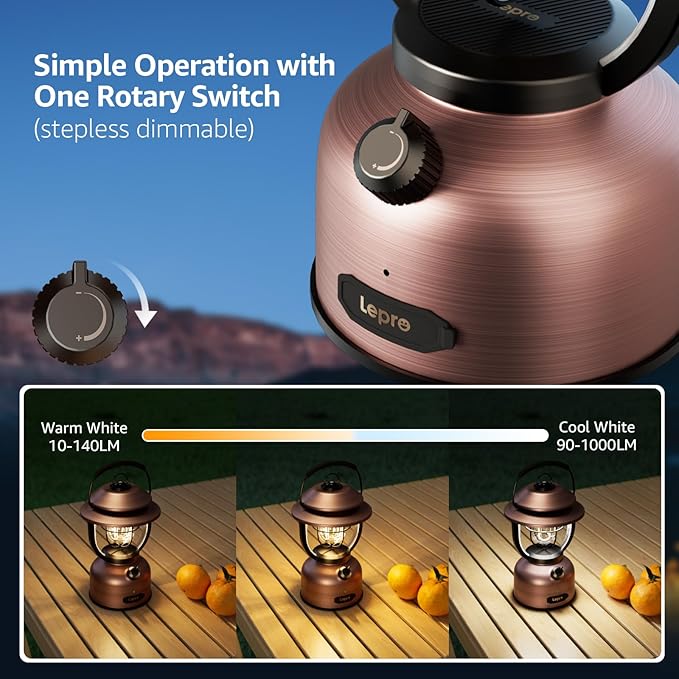 Lepro Vintage LED Camping Lantern Rechargeable - 15000mAh Power Bank, 1000LM Stepless Dimming, Dual Color Temp 2500K & 5000K, IPX4 Waterproof Retro Railroad Lantern for Camping, Home Decor & Emergency