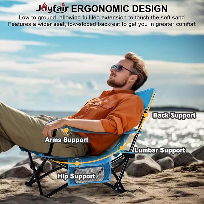 Joyfair Beach Camping Chair (2 Pack), Outdoor Folding Lawn Chair for Adults, Heavy Duty Portable Chair with Armrest for Outside Fishing, Sport, Patio, Cup Holder & Storage Pocket, Carry Bag (Blue)