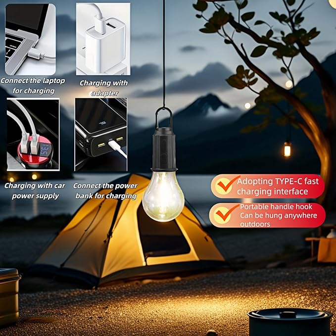 Portable LED Camping Lantern，Hang Anywhere Hook, USB-C Rechargeable, 3 Brightness Modes, Water Resistant for Emergency, Tent, Hiking, Power Outage& Outdoor (Black 1PCS) (T01)