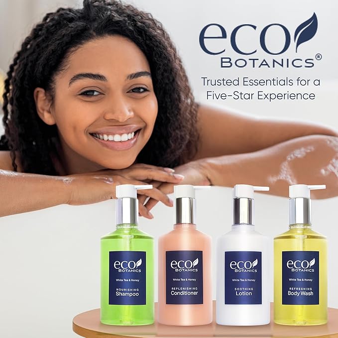 Eco Botanics Hotel Amenities Set | 10.14oz Pump Bottles | Shampoo, Conditioner, Hand & Body Wash, and Lotion | Set of 4