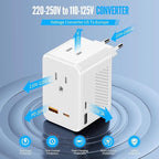 220V to 110V Voltage Converter US to Europe, Travel Adapter Plug Converter for European with 20W PD & 2USB-A & 2USB-C, European Power Converter Combo USA to Spain Italy France, White