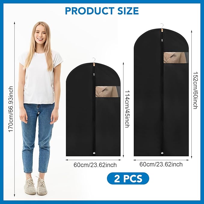 Dntorx 2 Pack Garment Bags with Clear Window, 45"/60" Clothes Covers with Zipper, Transparent Hanging Suit & Coat Covers for Closet Storage, Jackets, Dresses, Windbreakers