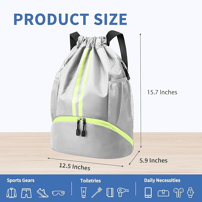 JELUTAR Drawstring Backpack Gym Bag with Shoes Compartment for Soccer, Basketball, Swim, Water-Resistant String Backpack Beach Cinch for Women Men, Grey, Medium
