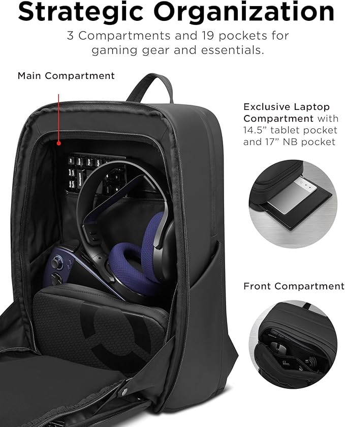 Lenovo Legion Gaming Laptop Backpack GB800, 21L Capacity, Fits 17-inch Laptops, Water Resistant, Three Main Compartments & 19 Specialiized Pockets, Black