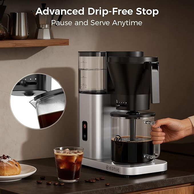 Kismile SCA-Certified 8 Cup Drip Coffee Maker, Pour Over Coffee Machine with 3s Instant Heat 197–205℉, Adjustable Flow Control, Removable Water Tank, Deep Cold Brew & 40 Min Keep Warm (Silver)