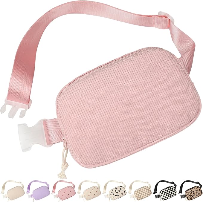 Vankor Pink Fanny Pack for Women Cross Body, Corduroy Pink Belt Bag for Women Crossbody Stylish Waist Pack Purse for Travel, Hiking, Workout, Running