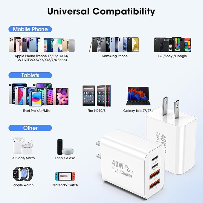 USB C Charger Block, 2 Pack 40W 4-Port iPhone Charger Fast Charging Multiport PD 3.0 & QC 4.0 Double Quick Charge, Compatible with iPhone 17/16/15/14/13/12/11，Pro Max，iPad, Samsung (2, Ivory White)