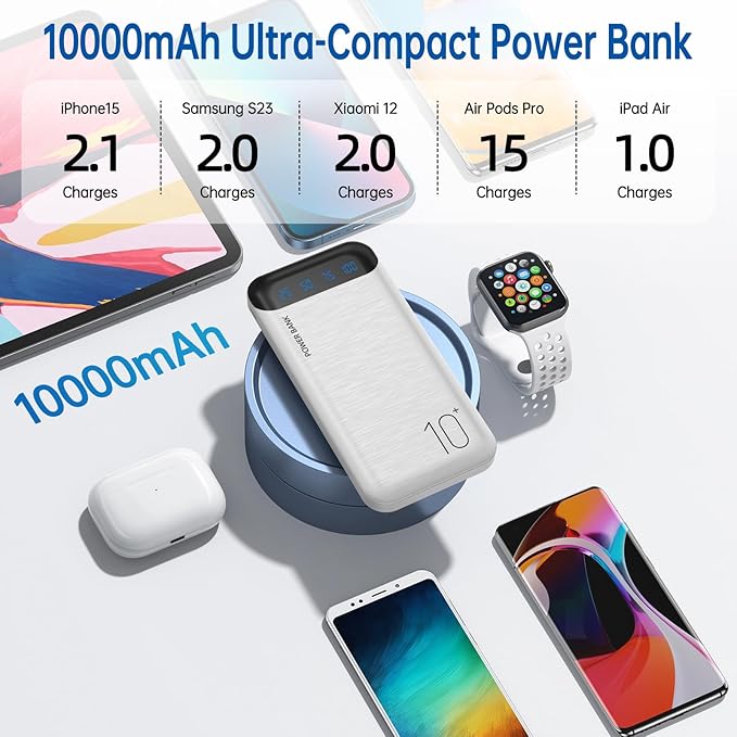 Power Bank 10000mAh Portable Charger Slim External Battery Pack with 2 USB 2.4A Outputs and USB C in/Out Compatible with Huawei iPhone 16 15 14 13 12 iPad Samsung Galaxy S20 Android Tablet (White)