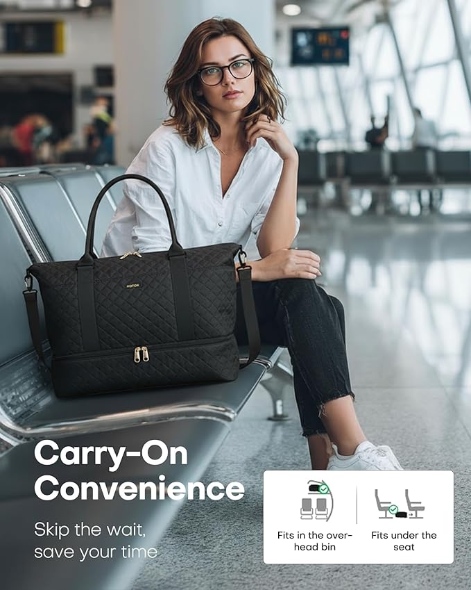 HOTOR Travel Duffel Bag - Weekender Bags for Women, Gym Tote Bags with Shoe Compartment, Carry On Overnight Bag with Toiletry Bag for Travel Essentials and Travel Accessories, Black, 13.4"×17.3"×7.9"