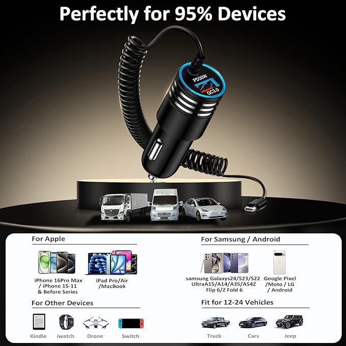 48W Super Fast Car Charger USB C for Samsung Galaxy S26 Ultra S25 S24 FE A16 5G A15 A14 A56 S23 S22 S21, iPhone 17 16 15 Pro Max Plus, Android Phone Type C Car Charger Adapter with USB C Coiled Cable