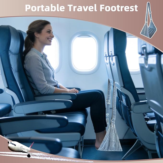 Airplane Foot Hammock, No Collapse Foot Rest for Plane Travel with Extended Adjustment Strap, Portable Desk Foot Hammock with,Cotton Denim, Foot Sling Travel Essentials to Relax Your Feet(Light Blue)