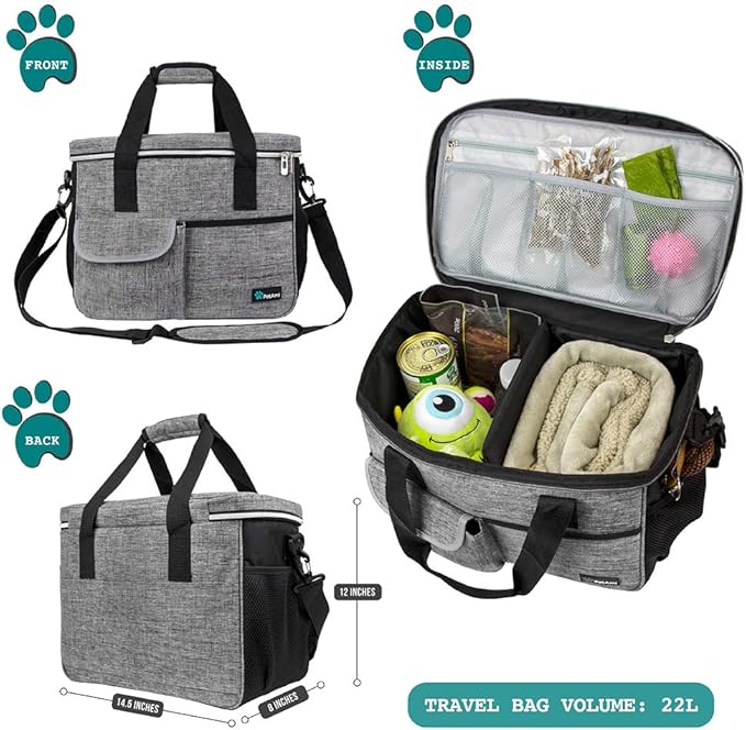 PetAmi Dog Travel Bag, Travel Pet Bag Organizer, Dog Food Travel Bag with Container Collapsible Bowls, Pet Travel Supplies Gift Accessories for Weekend Camping, Puppy Cat Diaper Bag, Gray Medium