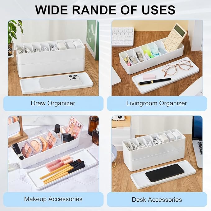 Tatuo 2 Pcs Cable Organizer Box with Wire Ties, Plastic Cord Storage Box with Lid, Electronics Organizer for Home Office Desk Organizers and Accessories (White)