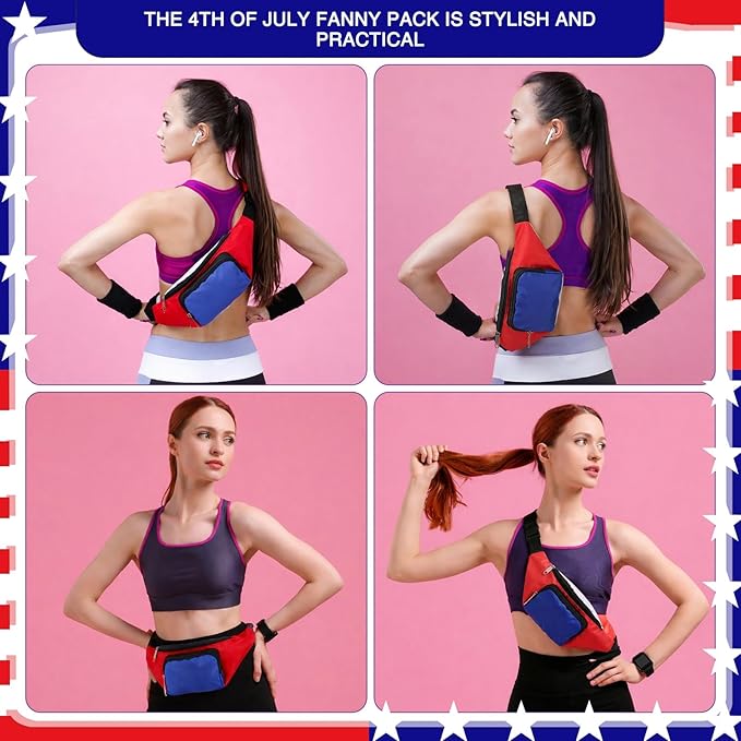 Abbylike 6 Pcs 4th of July Neon Fanny Packs 250th Anniversary Adjustable Waist Bags Patriotic Style Party Outfit Accessories for Women Men Travelling Outdoors Cycling Independence Day
