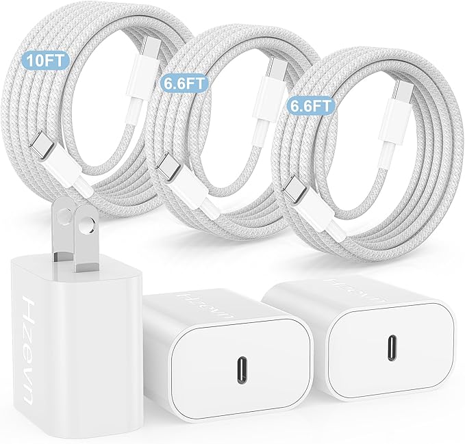 Hzevn 20W USB C Fast Charging for iPhone 17 Air/16/15 Pro Max,3Pack Colorful Mixed Charger Block with Braided Long USB C to C Cables (6/6/10ft) Compatible with iPhone16/15 Pro/15 Plus/iPad Pro