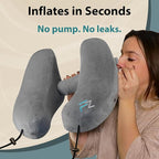 FLOWZOOM Air Inflatable Neck Pillow for Traveling on Plane - H-Shape Hooded Travel Pillow with 5 Snooze Modes, Fast Inflation, Pressure Control, Cozy Clip-On Hood & Plushy Cover - Size L, Silver Gray
