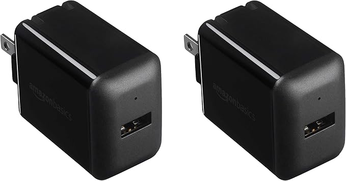 Amazon Basics 12W One Port USB-A Portable Wall Charger (2.4A) for Phones (iPhone 16/15/14/13/12/11/X, Samsung, and more), 2-Pack, Black