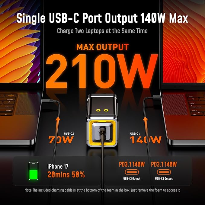 AOHI 210W PD3.1 PPS Power Bank 10000mAh, Dual 140W USB-C Ports Fast Charging Portable Charger with Smart Display, The Future Starship 37Wh Battery Pack for MacBook Pro/Air, iPad, iPhone 17,Galaxy,Gray