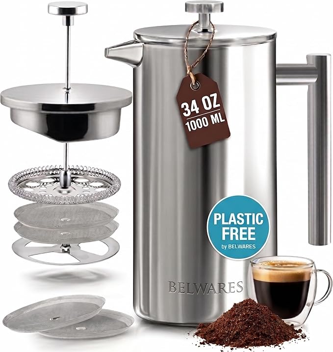 French Press Coffee Maker 34oz (1 Liter) - 304 Stainless Steel Insulated Coffee Press Maker, Double Wall Thermal, 4-Level Filtration, Includes 2 Extra Filters, Rust Resistant, Dishwasher Safe, Silver