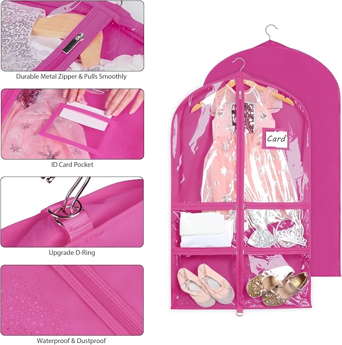 Syeeiex 3" Gusseted Dance Costume Garment Bag(5 Pack), 40'' Dance Garment Bags for Dancers with 4 Zipper Pocket & Can Hold 1-3 Dance Costumes - Suitable for Dance Competitions,Ballet(Rose Red)