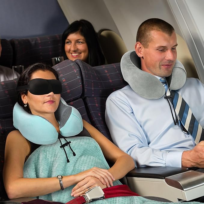 urnexttour Travel Pillow and Blanket Set Neck Pillows Soft Blankets with Sleep Mask Travel Essentials for Airplane Car Memory Foam Blue Green