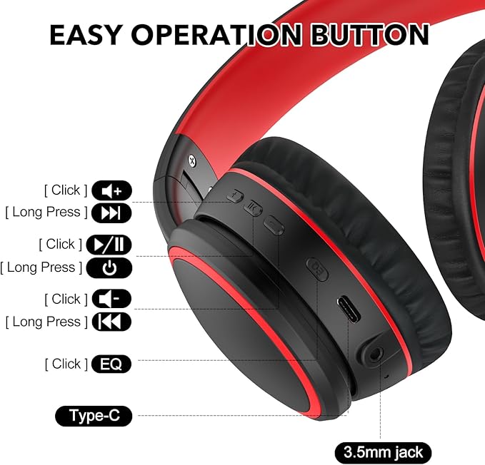 B10 Bluetooth Headphones Over Ear, 2 EQ Music Modes(Normal/Bass) and 50H Playtime Wireless Headphones with Mic, Lightweight Folding HiFi Stereo Headset for iPad/Travel/Tablet/PC/Home (Black)