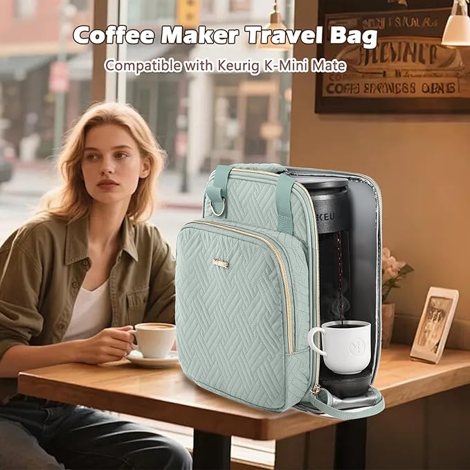 BAGSPRITE Coffee Maker Travel Bag Compatible with Keurig K-Mini Mate, Full Open Carrying Case with Quilted Padded Soft Microfiber, K--Cup Single Serve Coffee Maker Bag with Pod Organizer, Mug Pockets