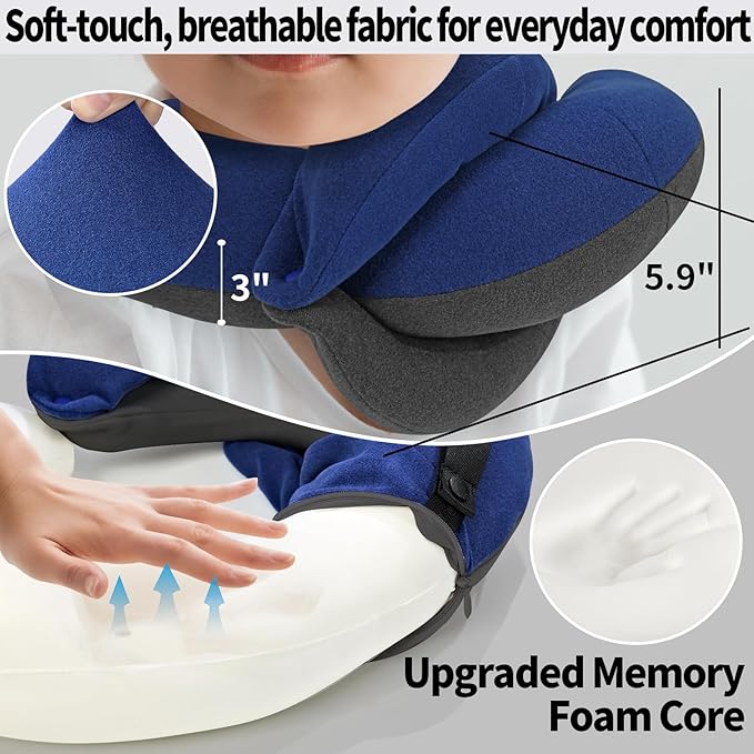 BUYUE Kids Travel Pillows for Airplane, Memory Foam 360° Head Support Sleeping Essentials for Boys Long Flight, Skin-Friendly Soft Neck Pillow for Traveling in Car Seat, (Small, Blue Grey, 40-90 lbs)