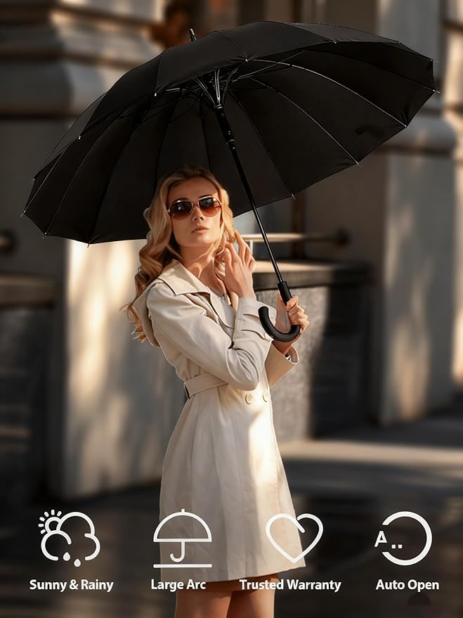 Premium Windproof Umbrella Classic J stick Handle with Easy Grip - Auto Open, Rainproof and Durable Canopy Design Perfect for Rainy Days Sunshad