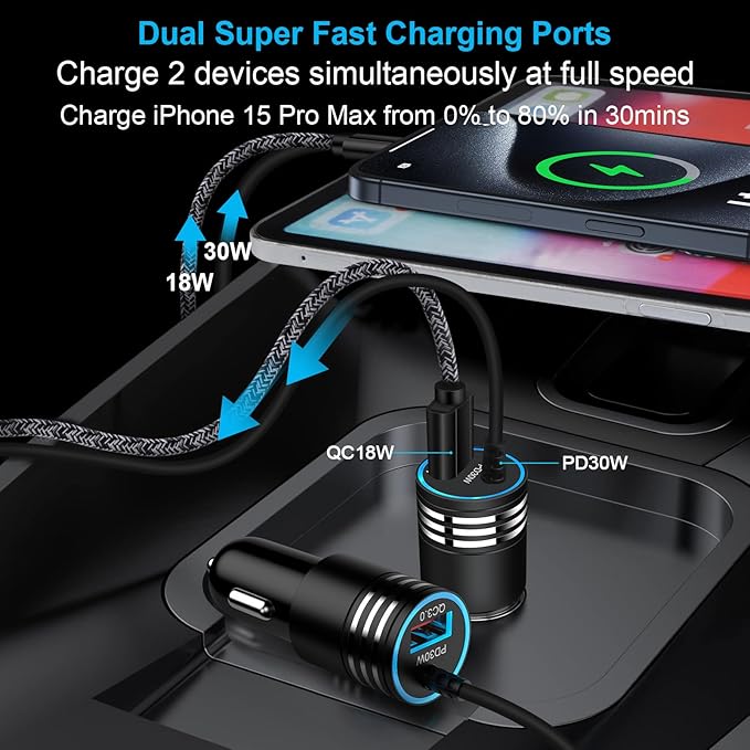 USB C Car Charger, 48W Super Fast Charging Type C Car Adapter for Samsung Galaxy S26 Ultra S25 S24 S23 S22 S21 S20 A56 A36 A16 A15 A14, iPhone 17 16 15 Pro Max, Android Car Charger with USB C Cable